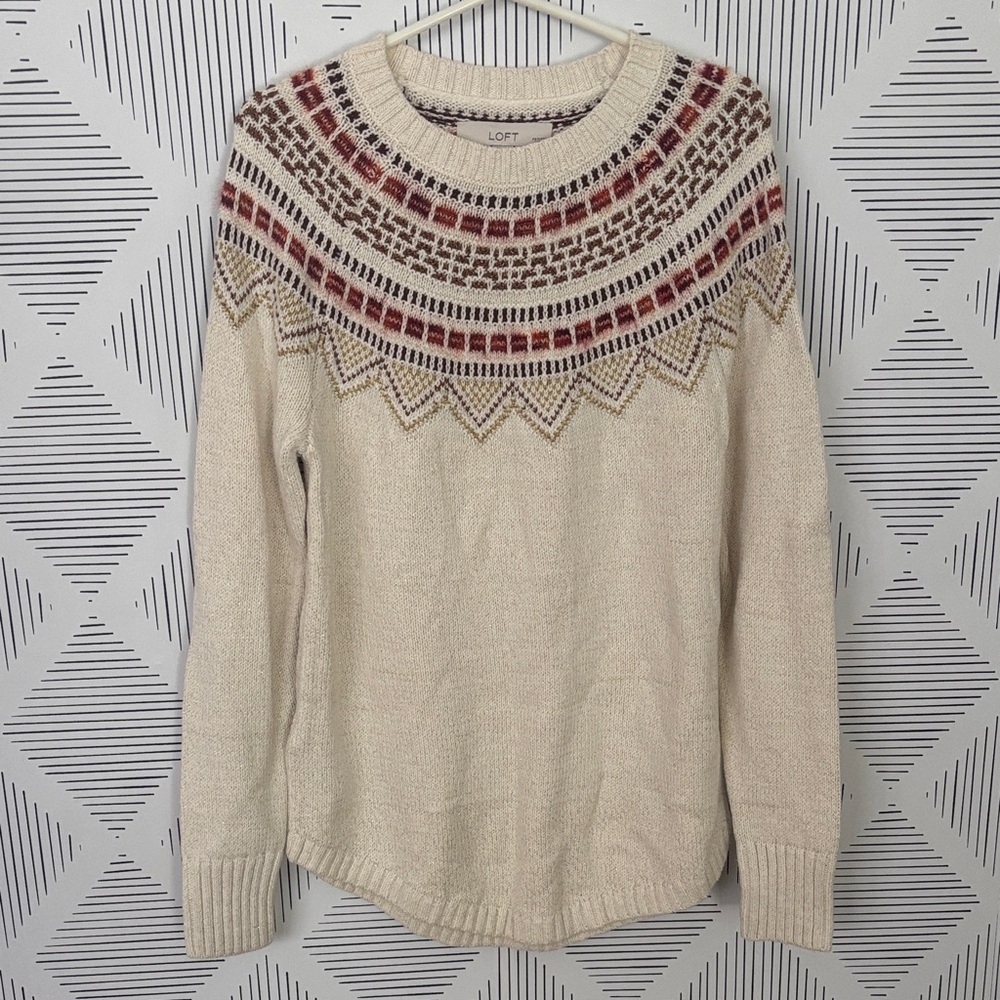 LOFT Beige Gold Sweater with Burgundy and Tan Design! (MP) NWT